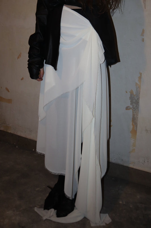 Maison Isabel Maciel asymmetrical draped skirt, featured in lookbook.
